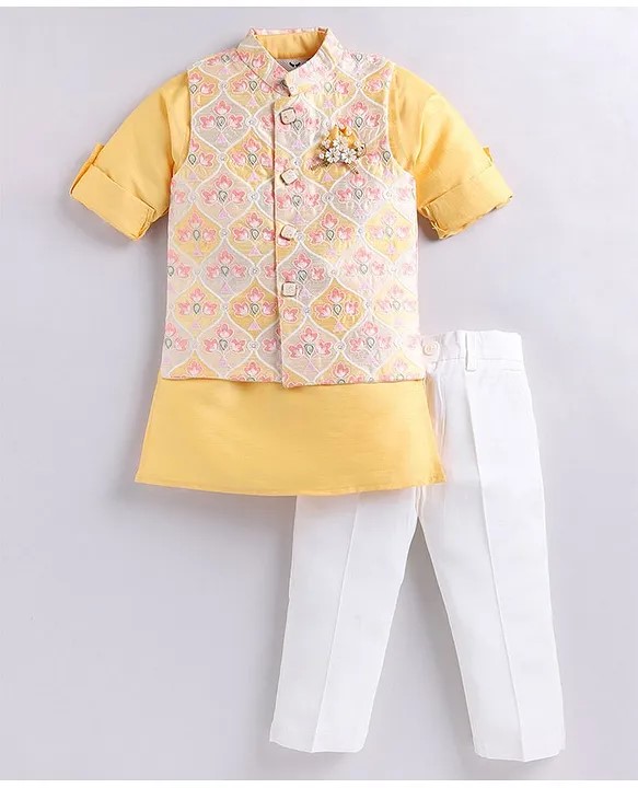 LITTLE COLLARS Full Sleeves Gota Lace Embellished Kurta With Floral Embroidered Jacket & Solid Pyjama - Yellow
